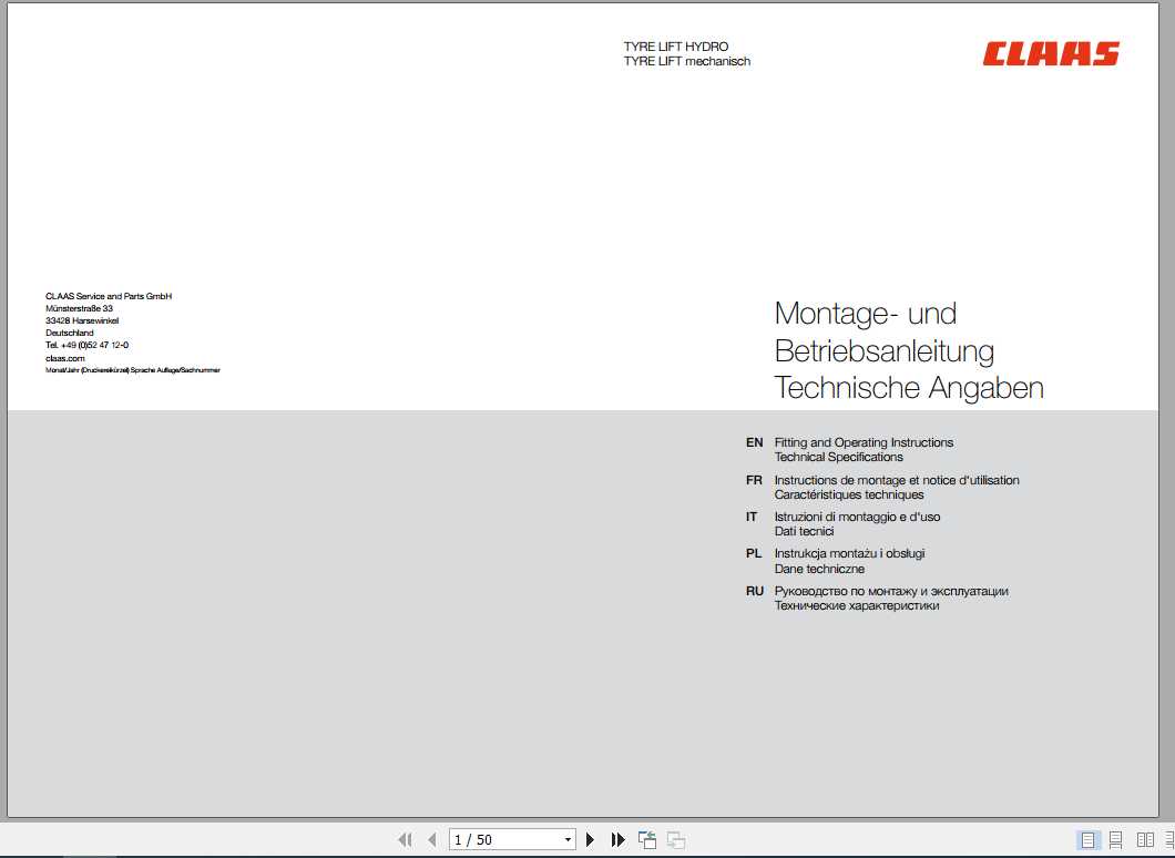 Claas Miscellaneous Tyre Lift Hydro Tyre Lift mechanical Operators Manual 1