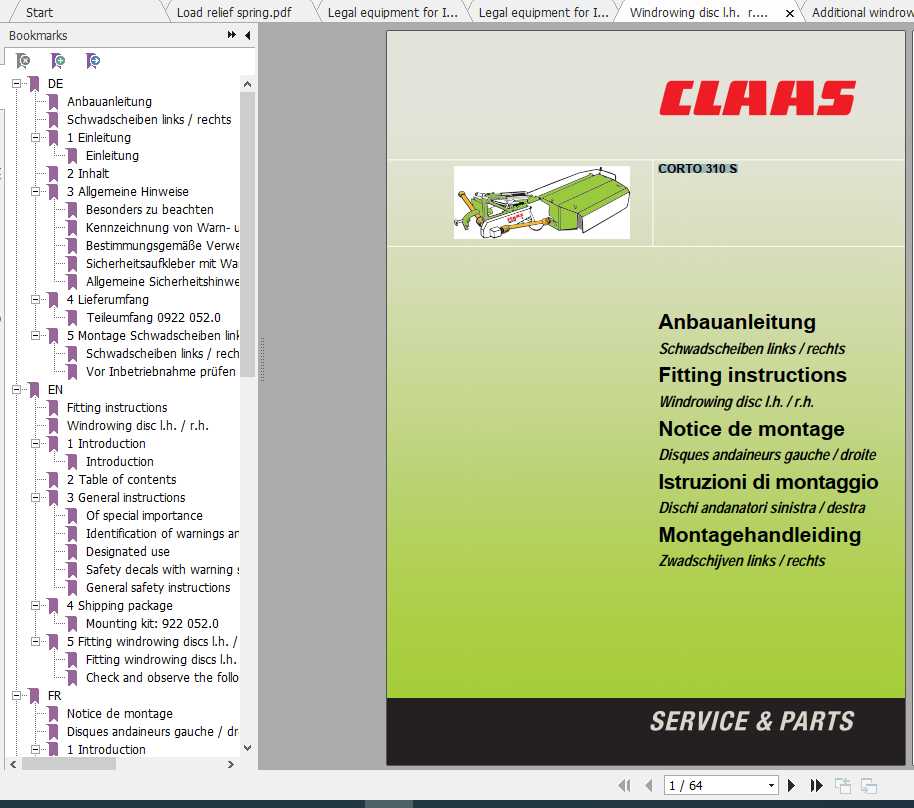 Claas Mowers CORTO 190 310 Fitting Instruction 1