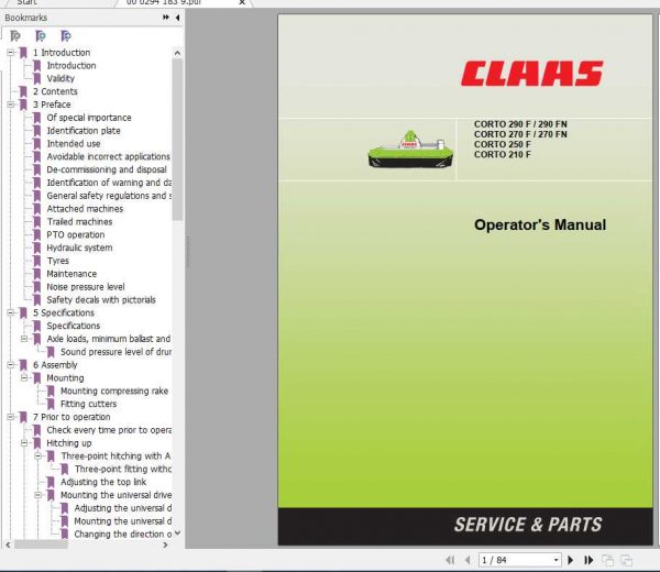 Claas Mowers Corto 290F 290FN 270F 270FN 250F 210F Operators Manual 1