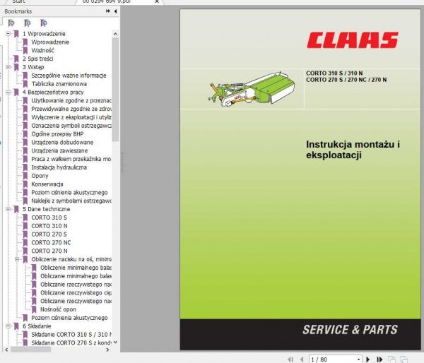 Claas Mowers Corto 310S 310N 270S 270NC 270N Operators Manual 1