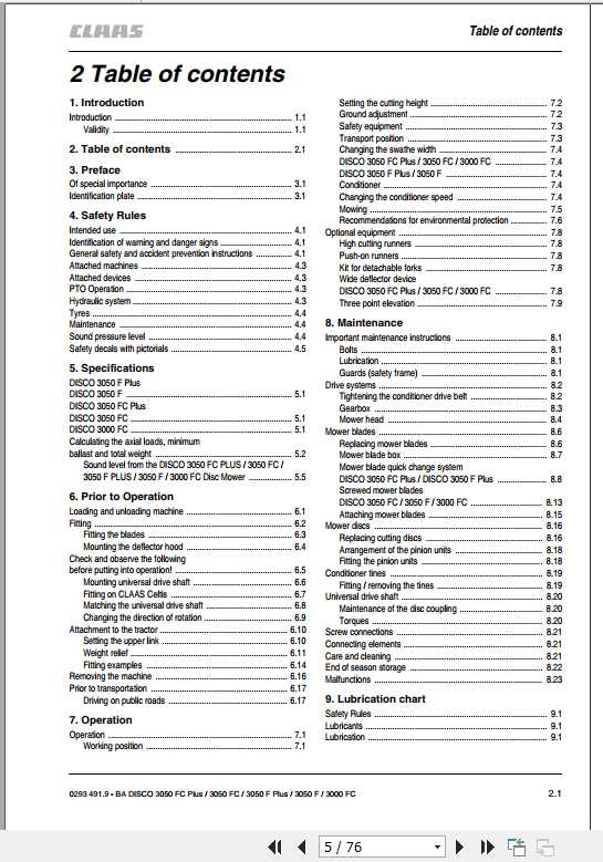 Claas Mowers Disco 3050FC Plus3050FC3050F Plus3050F3000FC Operators Manual 2