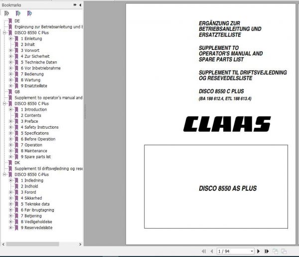 Claas Mowers Disco 8550 C Plus Operators Manual 1