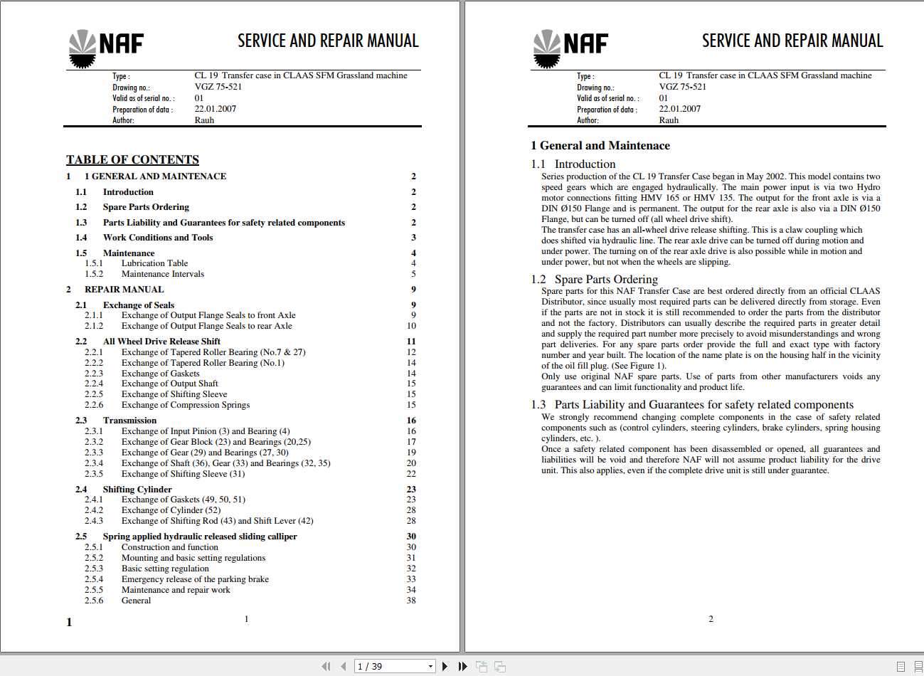 Claas NAF Mowers CL 19 Transfer case Service Repair Manual 1