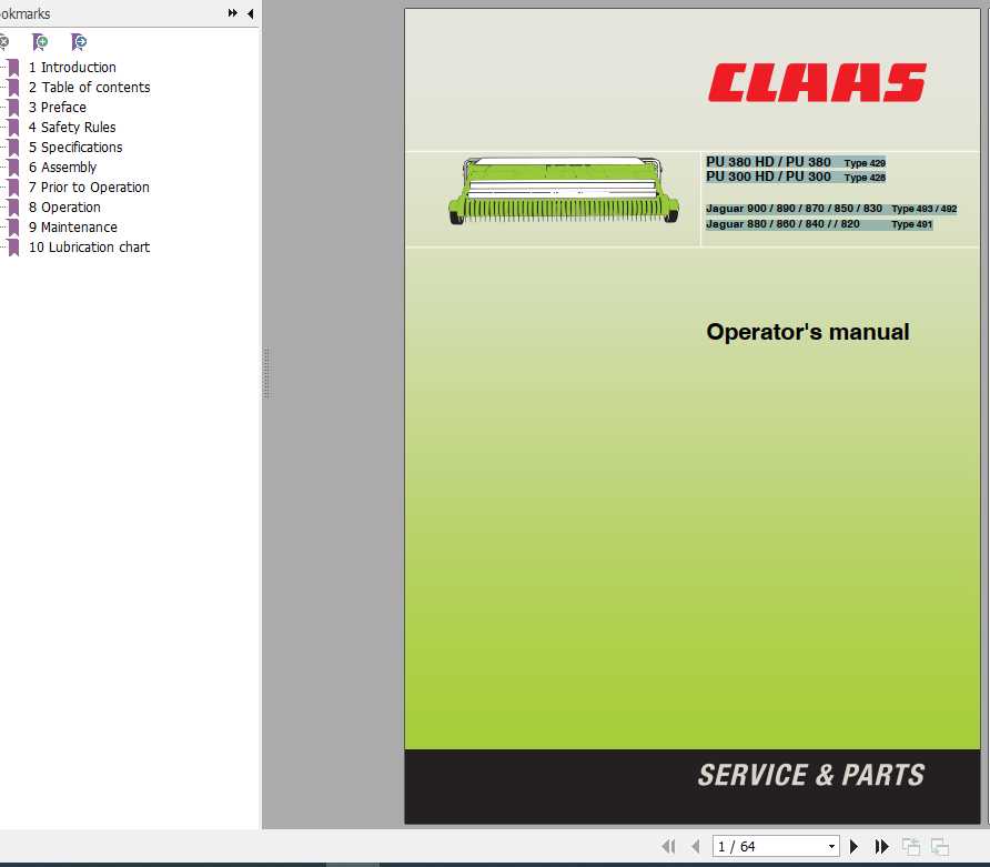 Claas PU 380 HD PU 380 Typ 429 PU 300 HD PU 300 Typ 428 Operators Manual 1