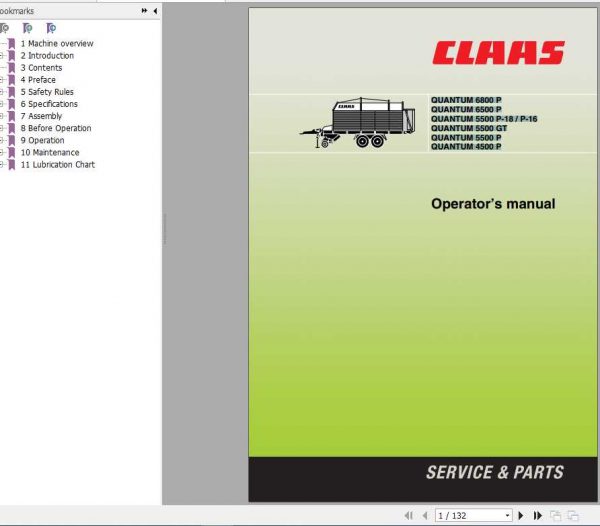 Claas Quantum 6800 P6500 P5500 P 18 P 165500 GT5500 P4500 P Operators Manual 1