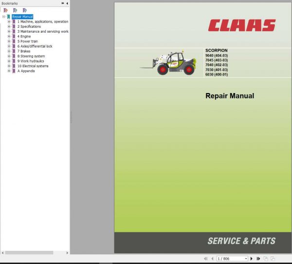 Claas SCORPION 6030 7030 7040 7045 9040 TeleHandlers Repair Manual 0002957252 1