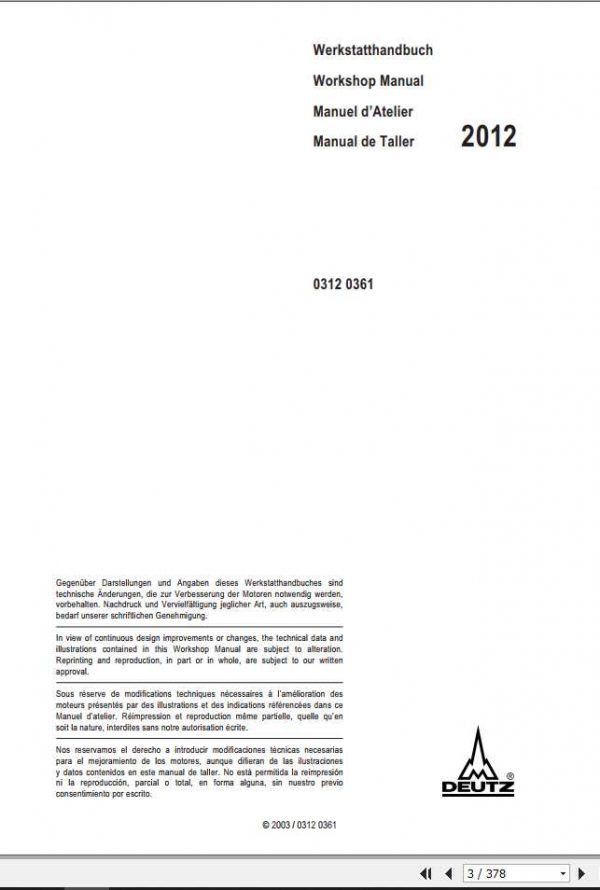 Claas Scorpion TeleHandler Engine DEUTZ 2012 EN Workshop Manual 1