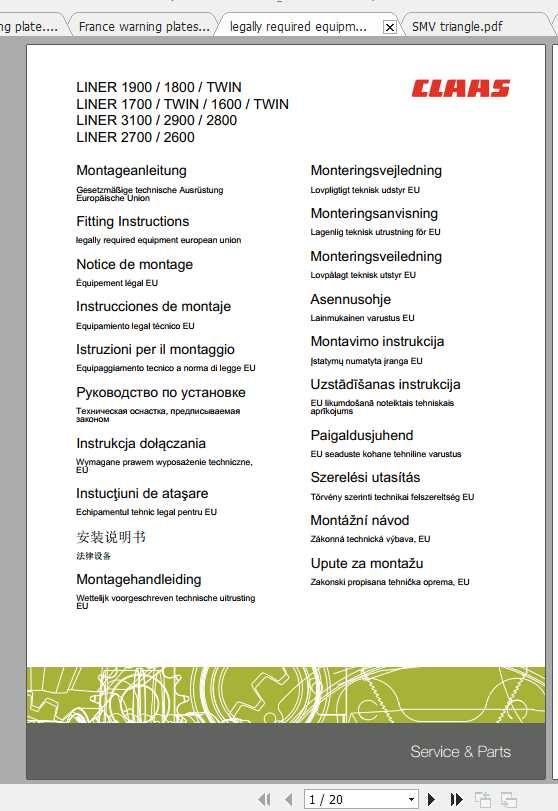 Claas Swathers LINER 1250 1750 TWIN Fitting Instruction 1