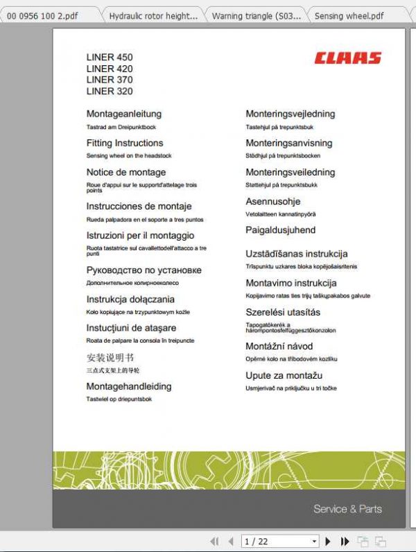 Claas Swathers LINER 320 550 T S Fitting Instruction 1