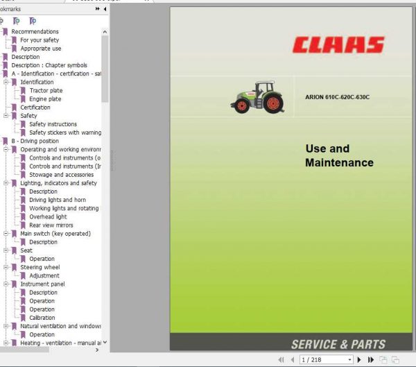Claas Tractor Arion 610C 620C 630C Use and Maintenance Manual 1