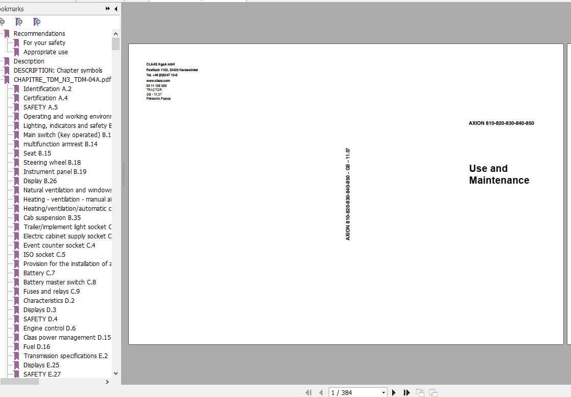 Claas Tractor Axion 810 820 830 840 850 Operators Manual 1