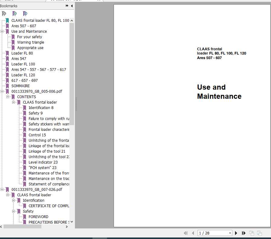 Claas Tractor Loader FL 80 FL 100 FL 120 Ares 507 607 Use and Maintenance Manual 1