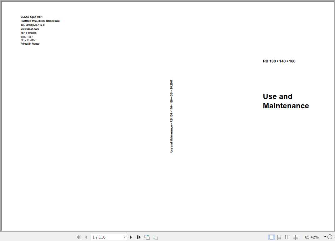 Claas Tractor RB 130 140 160 Use and Maintenance Manual 1