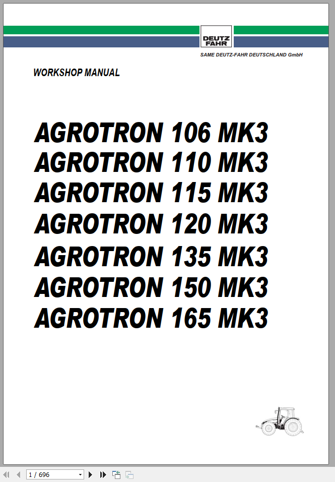 DEUTZ FAHR AGROTRON 106 110 115 120 135 150 165 MK3 Workshop Manual 1