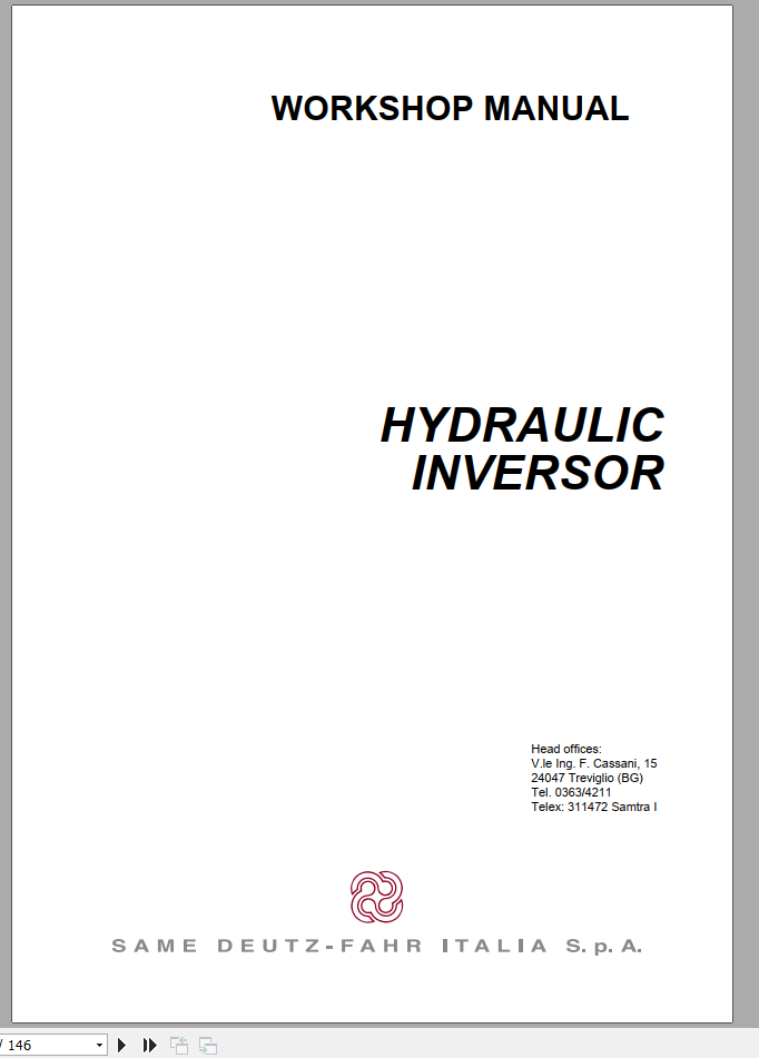 DEUTZ FAHR HYDRAULIC INVERSOR 110 130 Workshop Manual 1