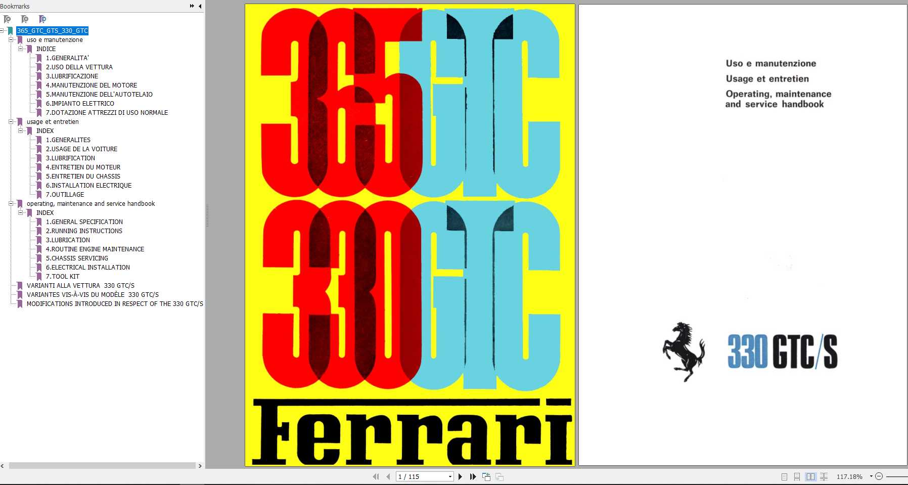 Ferrari 330 GTC S Operating Maintenance and Service Handbook 1