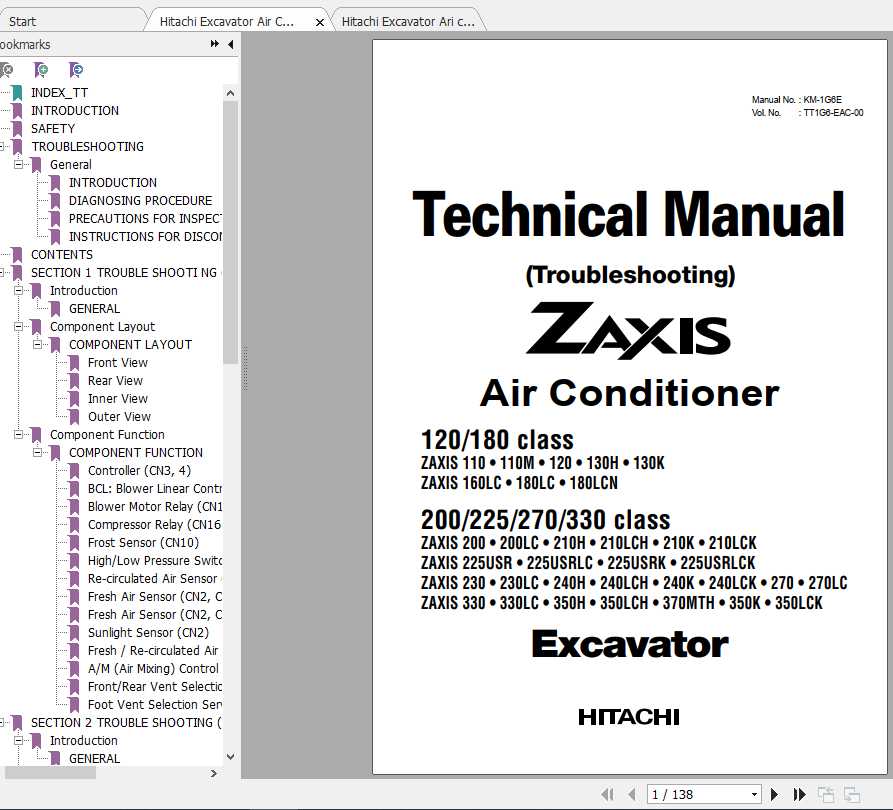 Hitachi Excavator Ari conditoner Zaxis ZX 120180200225270330 Shop Manual