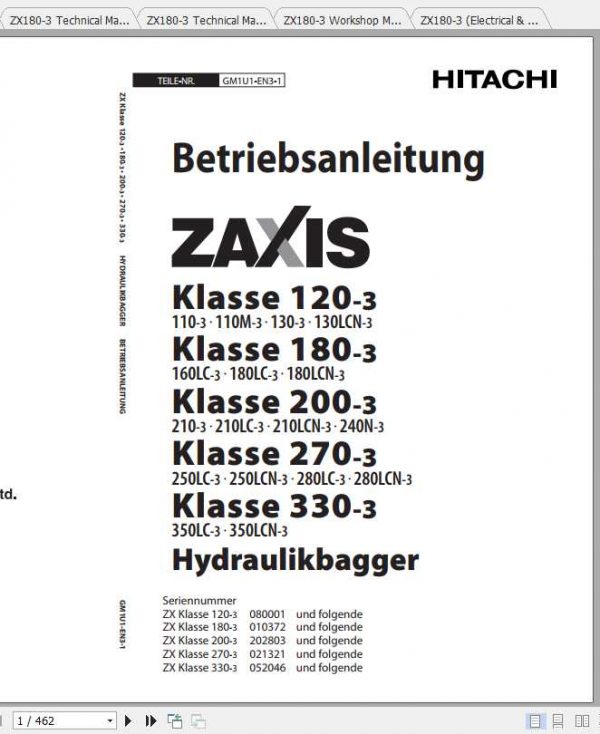 Hitachi Excavator Zaxis ZX180 3 Shop Manual 2