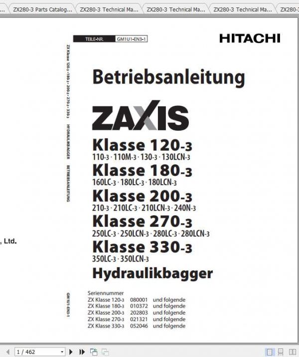 Hitachi Excavator Zaxis ZX280 3 Shop Manual 1