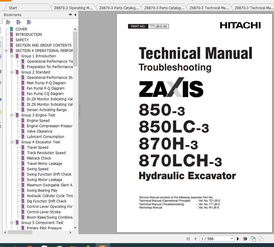 Hitachi Excavator Zaxis ZX870-3 Shop Manual