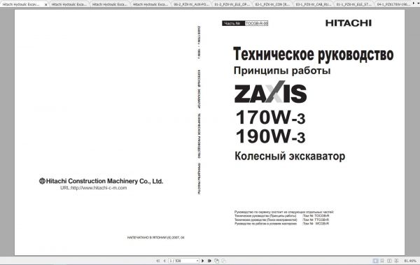 Hitachi Hydraulic Excavator ZX170W 3 ZX190W 3 Class Shop Manuals RU 1
