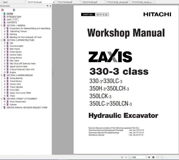 Hitachi Hydraulic Excavator ZX330 3 Class Shop Manuals EN 1