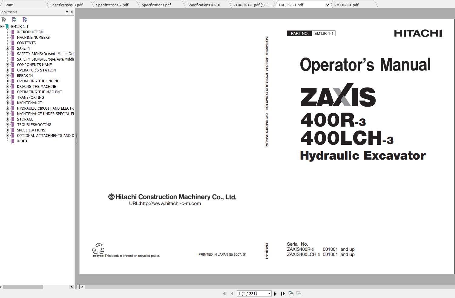 Hitachi Hydraulic Excavator ZX400R 3 ZX400LCH 3 Operators Manual Parts Catalog 1