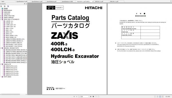 Hitachi Hydraulic Excavator ZX400R 3 ZX400LCH 3 Operators Manual Parts Catalog 2
