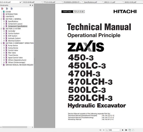Hitachi Hydraulic Excavator ZX450 ZX470 ZX500 ZX520 Shop Manuals EN 1