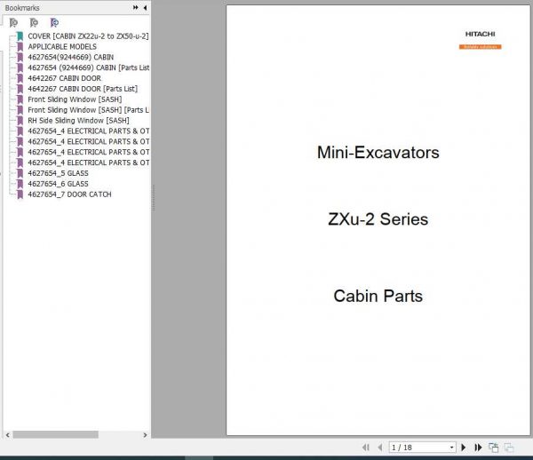 Hitachi Mini Excavator Zaxis ZX22U 2 to ZX50U 2 Series Cabin Parts Catalog 1