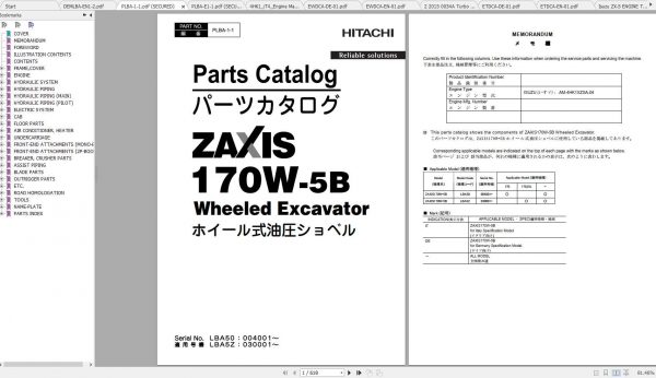 Hitachi Wheeled Excavator ZX170W 5B LBA50 Shop Manuals EN DE 1