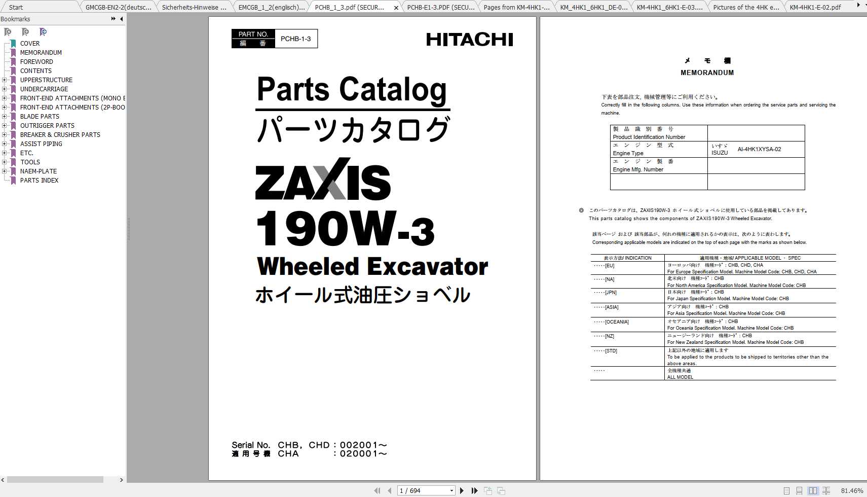 Hitachi Wheeled Excavator ZX190W 3 Shop Manuals 1