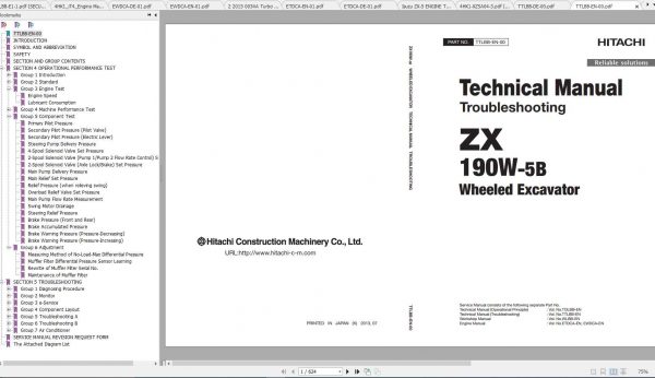 Hitachi Wheeled Excavator ZX190W 5B LBB50 LBB5Z Shop Manuals EN DE 1