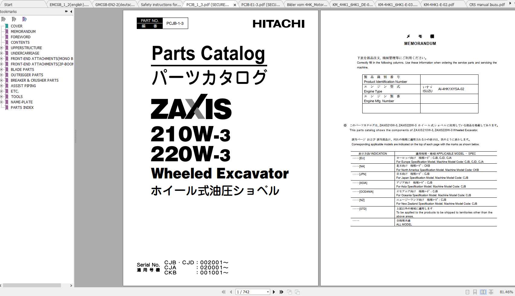 Hitachi Wheeled Excavator ZX210W 3 ZX220W 3 Shop Manuals 1