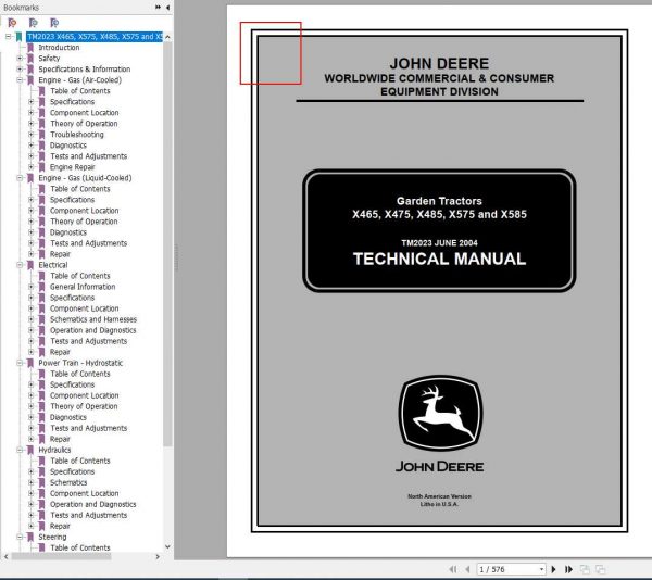 John Deere Garden Tractors X465 X475 X485 X575 X585 Technical Manual TM2023 1