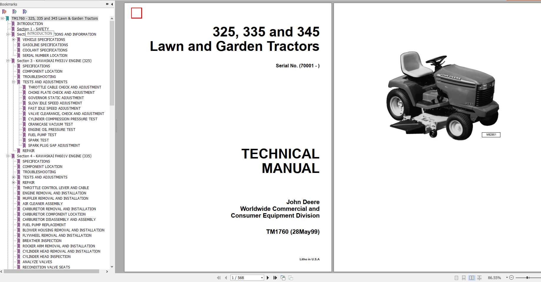 John Deere Lawn Garden Tractors 325 335 345 Technical Manual TM1760 1
