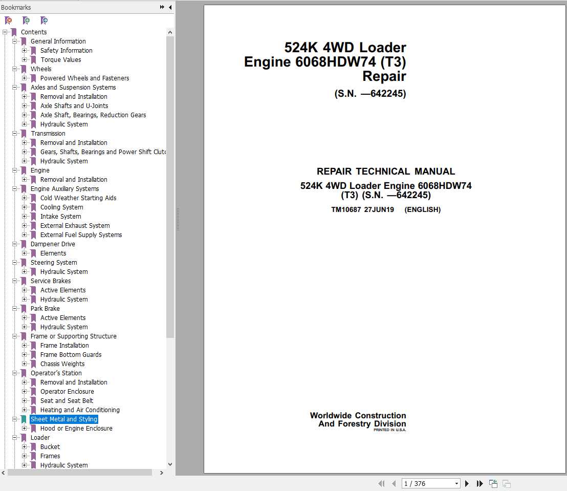 John Deere Loader 524K 4WD Engine 6068HDW74 T3 Repair Technical Manual TM10687 1