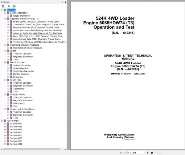 John Deere Loader 524K 4WD Engine 6068HDW74 T3 Technical Manual TM10686 1