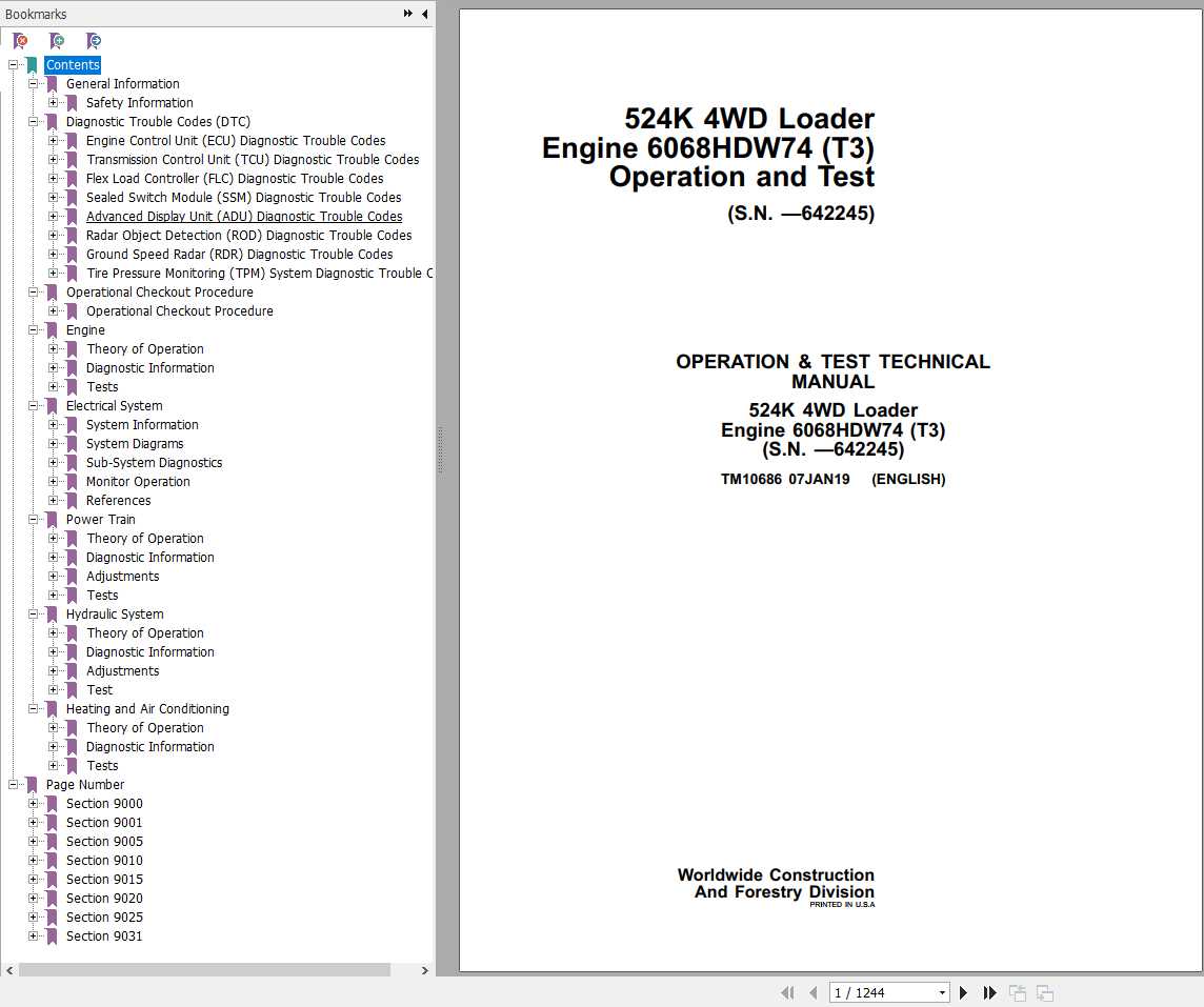 John Deere Loader 524K 4WD Engine 6068HDW74 T3 Technical Manual TM10686 1