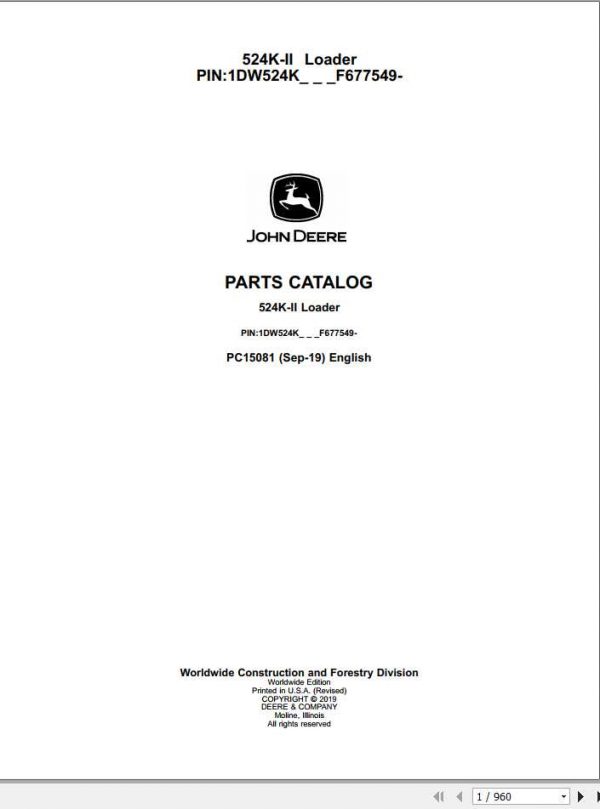 John Deere Loader 524K II Parts Catalog PC15081 1