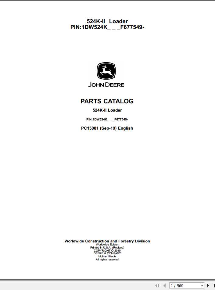 John Deere Loader 524K II Parts Catalog PC15081 1