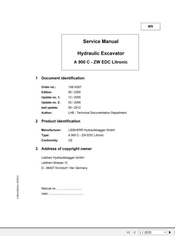 Liebherr Hydraulic Excavator A900C ZW EDC Litronic Service Manual 1