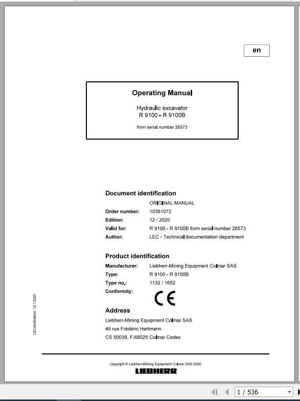 Liebherr Mining Crawler Excavators R9100 Operating Manual 1