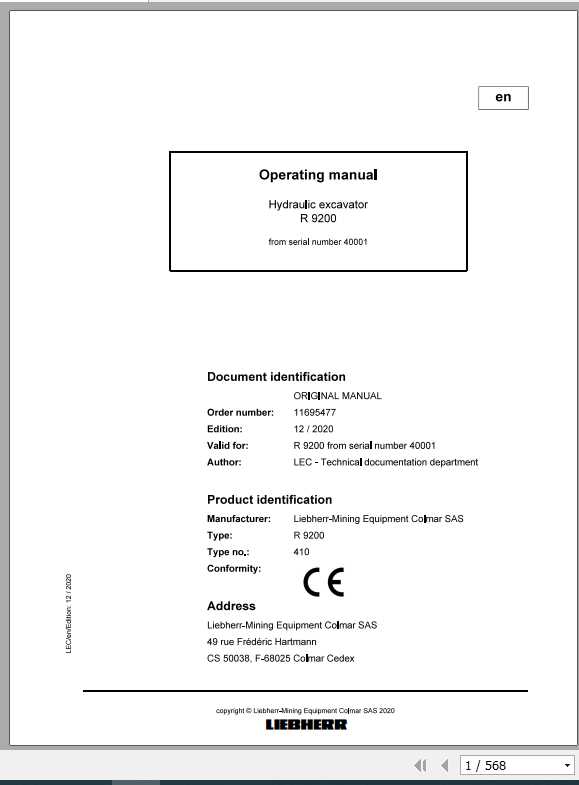 Liebherr Mining Crawler Excavators R9200 410 Operating Manuals 1