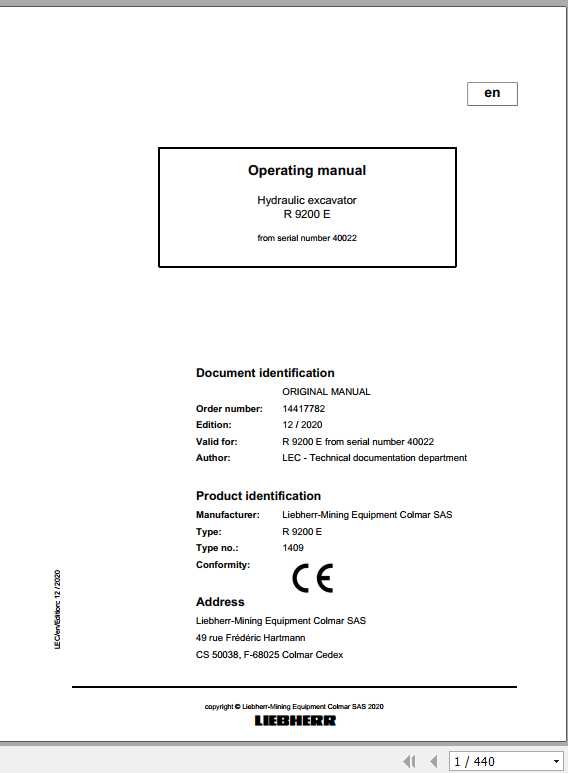 Liebherr Mining Crawler Excavators R9200E 1409 Operating Manuals 1