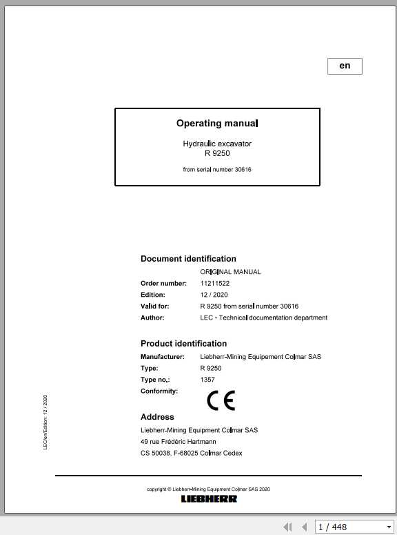 Liebherr Mining Crawler Excavators R9250 1357 Operating Manuals 1