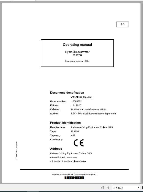 Liebherr Mining Crawler Excavators R9250 437 Operating Manuals 1
