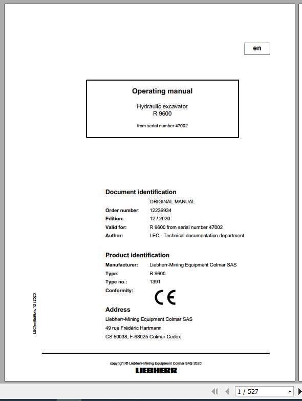 Liebherr Mining Crawler Excavators R9600 1391 Operating Manuals 1