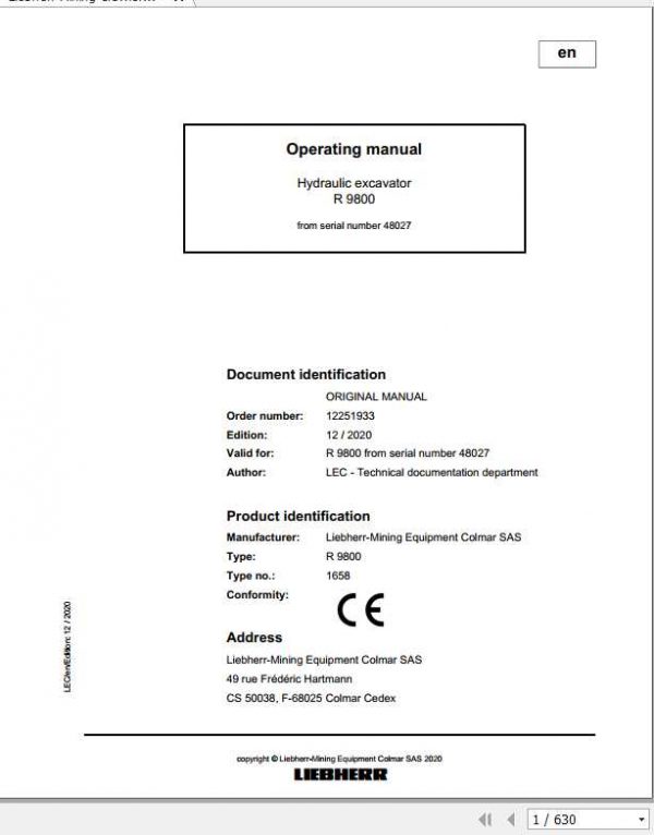 Liebherr Mining Crawler Excavators R9800 1658 Operating Manuals 1