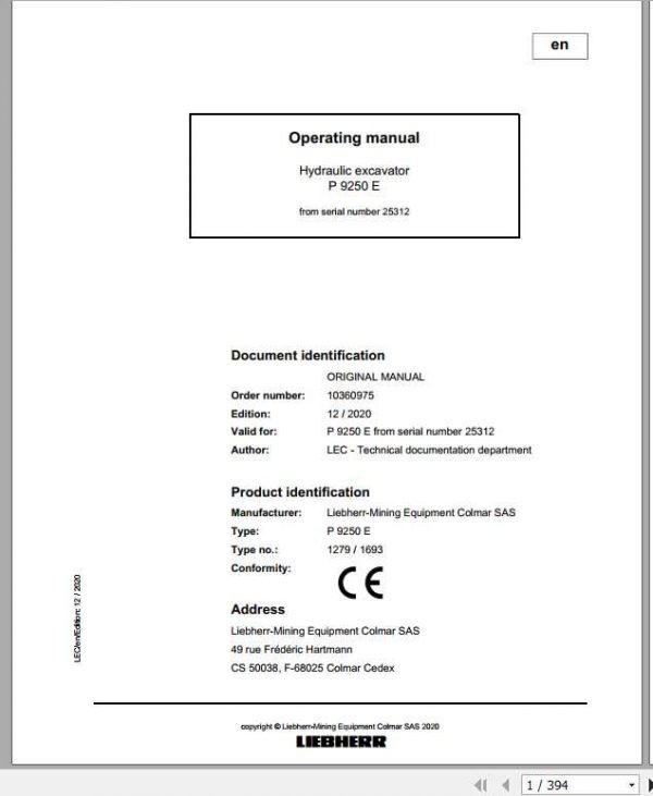 Liebherr Mining Pontoon Excavators P9250E 1279 1693 Operating Manual 1